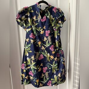 Crown & Ivy Navy Floral Tropical Print Women’ Dress with Pink and Yellow Accents